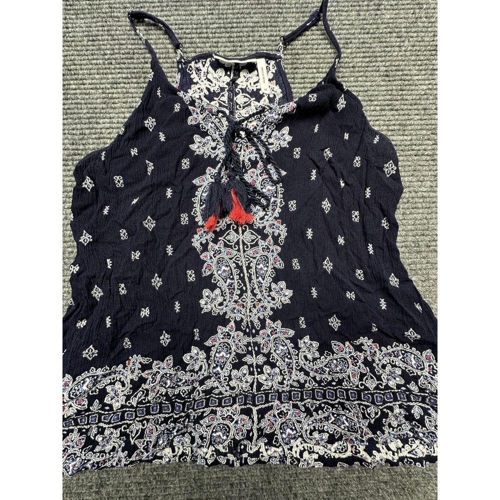 LUQ Tank Top Womens Medium Navy Blue Paisley Boho Tassel Rayon Sleeveless Summer